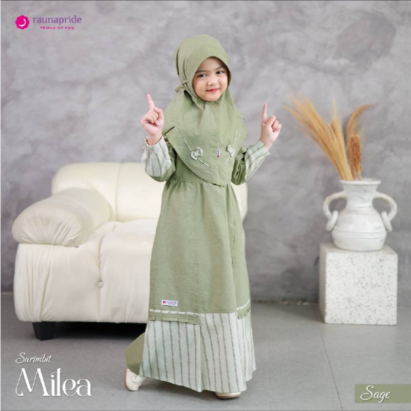 Rauna Sarimbit Milea Gamis Anak Perempuan Sage Brown Purple Rami Linen Polos Motif Garis Garis