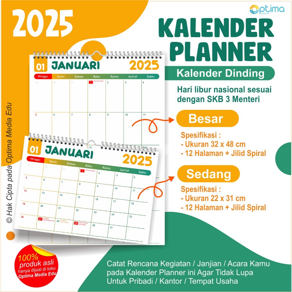 

Kalender Planner 2025 Model Kalender Dinding , Ukuran Besar (32 x 47 cm), dan Sedang (22 X 32 cm)