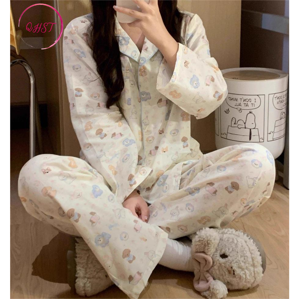 QHST Piyama Set Wanita Satin Pesta Anak Anjing Lengan Panjang Celana Panjang Baju Tidur Import