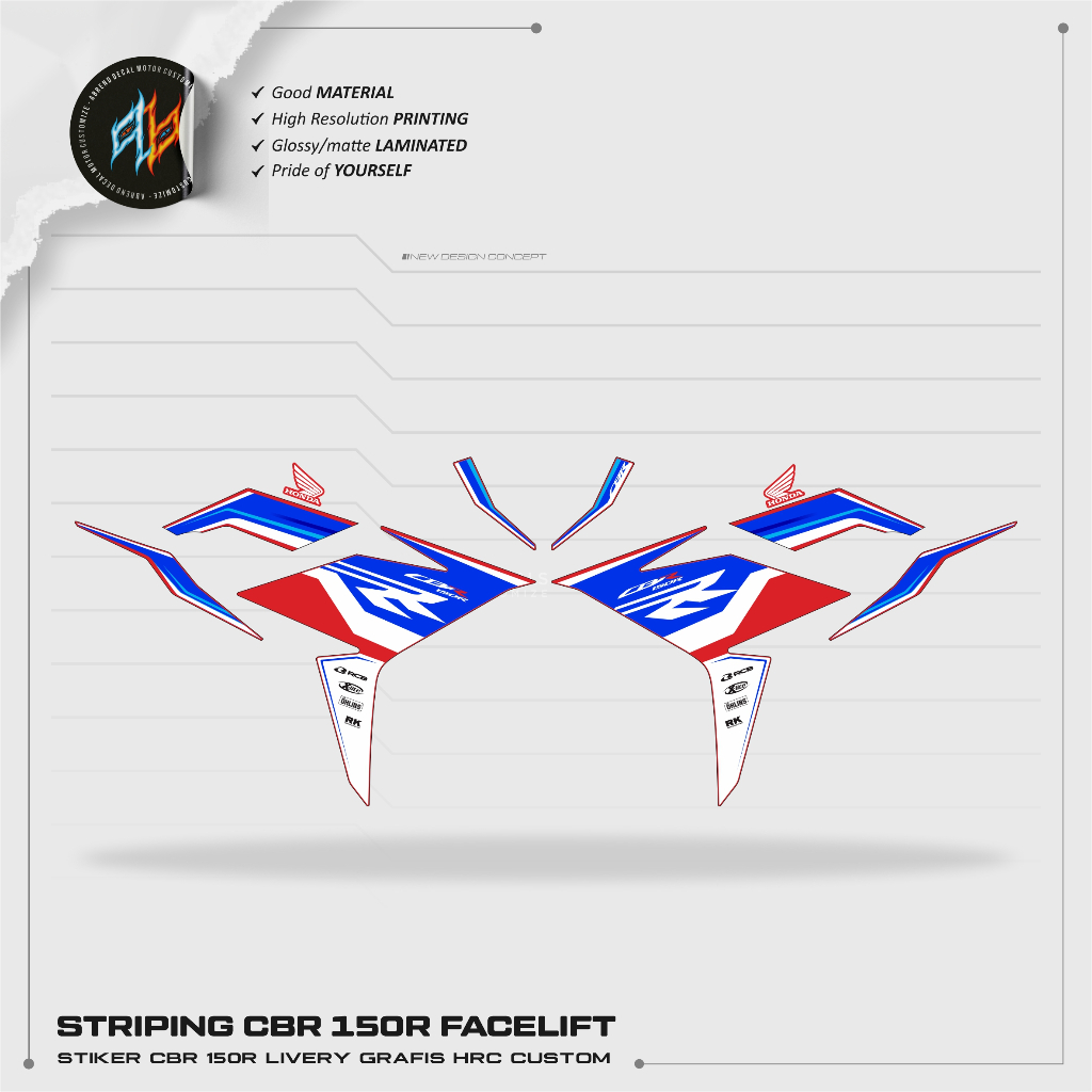STRIPING CBR 150R FACELIFT GRAFIS ORI HRC TRI COLOR / STIKER MOTOR HONDA CBR K45G / K45N