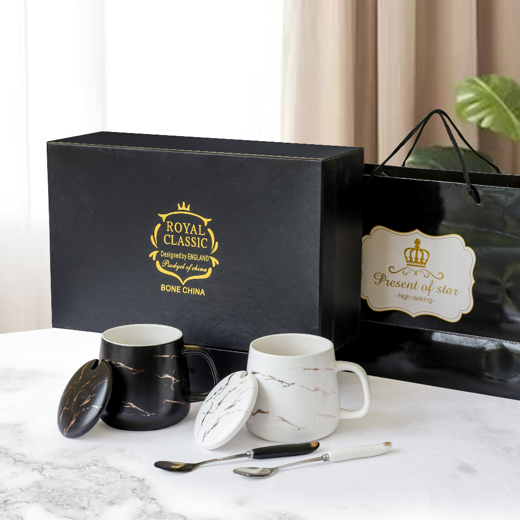 Aveline Hampers Gelas Marble Glass Couple / Canada Marble Mug Gift Box / Gelas Marble Tutup /