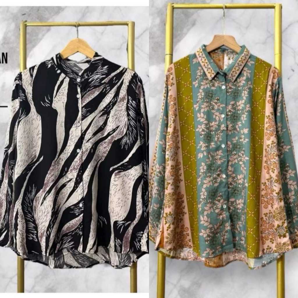 Kemeja Lengan Karet / Blouse Motif Viral Rayon Premium Size M L XL Kemeja Wanita Bermotif shirt leng