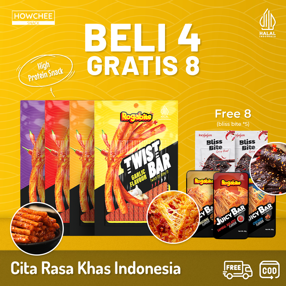 

Howcheesnack [HALAL] Twist Bar & Juicy Bar | Buy 4 Get 8 Free | Cemilan Snack High Protein | Latiao Halal
