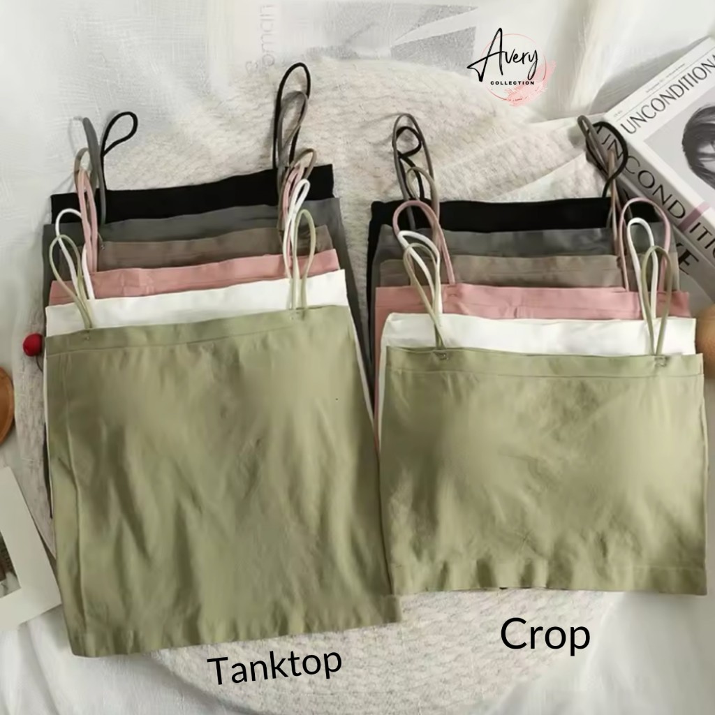 Tanktop Bra Inner 1906 Wanita, Tanktop Crop Panjang Tali Spaghetti dengan Bra Pad, Kamisol Singlet A