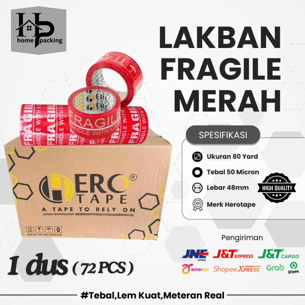 

Lakban Fragile unboxing Merah/clear 45 mm x 90 yard[1dus isi 72 pcs]