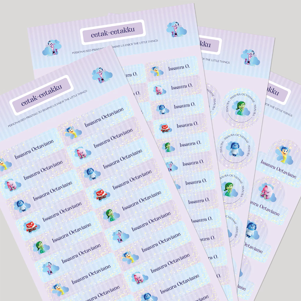 

INSIDE OUT / STICKER NAMA COMBO PACK - 103 pcs (4 Bentuk , 4 Ukuran) / Sticker Vinyl Waterproof (Tahan Air & Anti Sobek) / Label Sekolah / Label Nama Anak