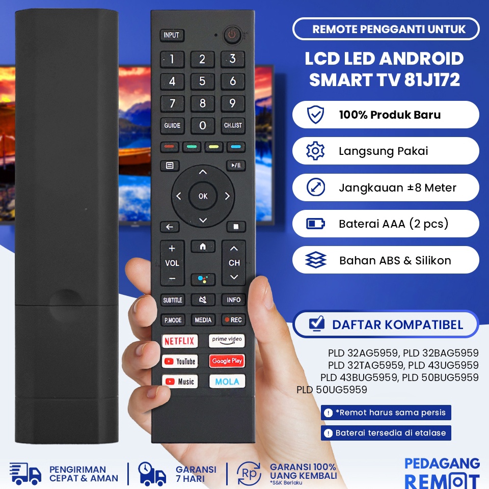 KODE U8Z4 Remot Pengganti Untuk Remote TV Polytron LCD LED Android Smart TV 81J172 81J28 IR Non Voic