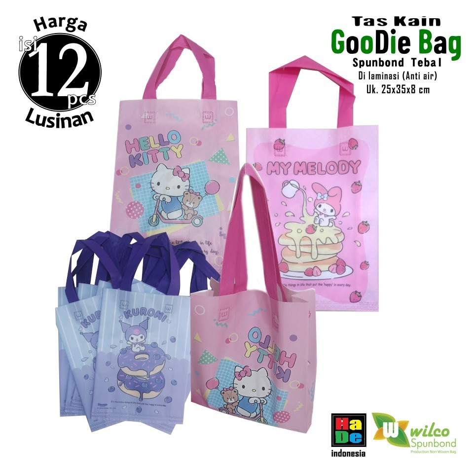 

Tas Anti air Souvenir Ultah / Santunan / Mengaji Anak / Wisuda / Bekal Kain Spunbond Goodie Bag Laminasi 25x35x8 Untuk Kantong Belanja Bingkisan Snack, Hampers plastik paper bag Karakter kartun Hello Kitty Kuromi Melody