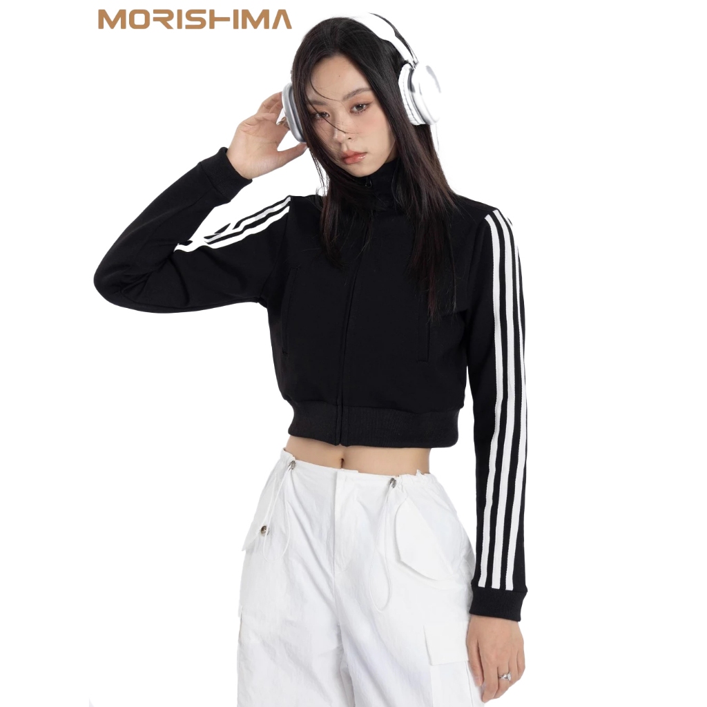 Morishima - Sweater Jaket Zipper Crop Wanita Polos Hitam