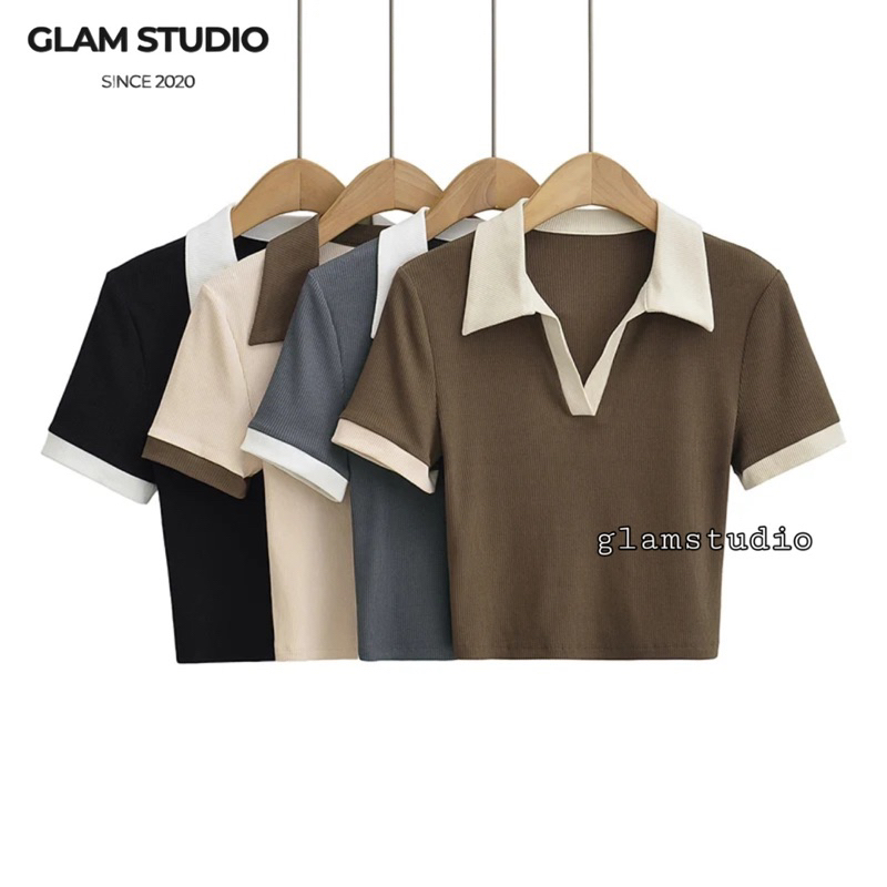 Glamstudio - Kaos Crop Wanita Kerah V Crop Top V neck Raglan Kekinian ( CT 008 RAGLAN )