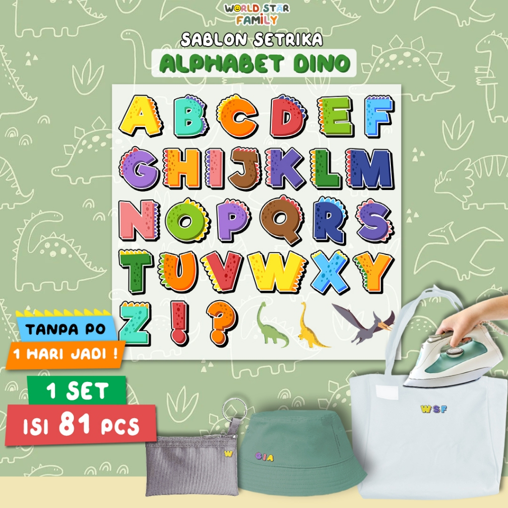 

WSF Stiker Kain ALPHABET DINO SERIES ABJAD LUCU 1 set Isi 81 pcs Sablon setrika Stiker label STIKER LABEL BAJU MURAH Sablon DTF