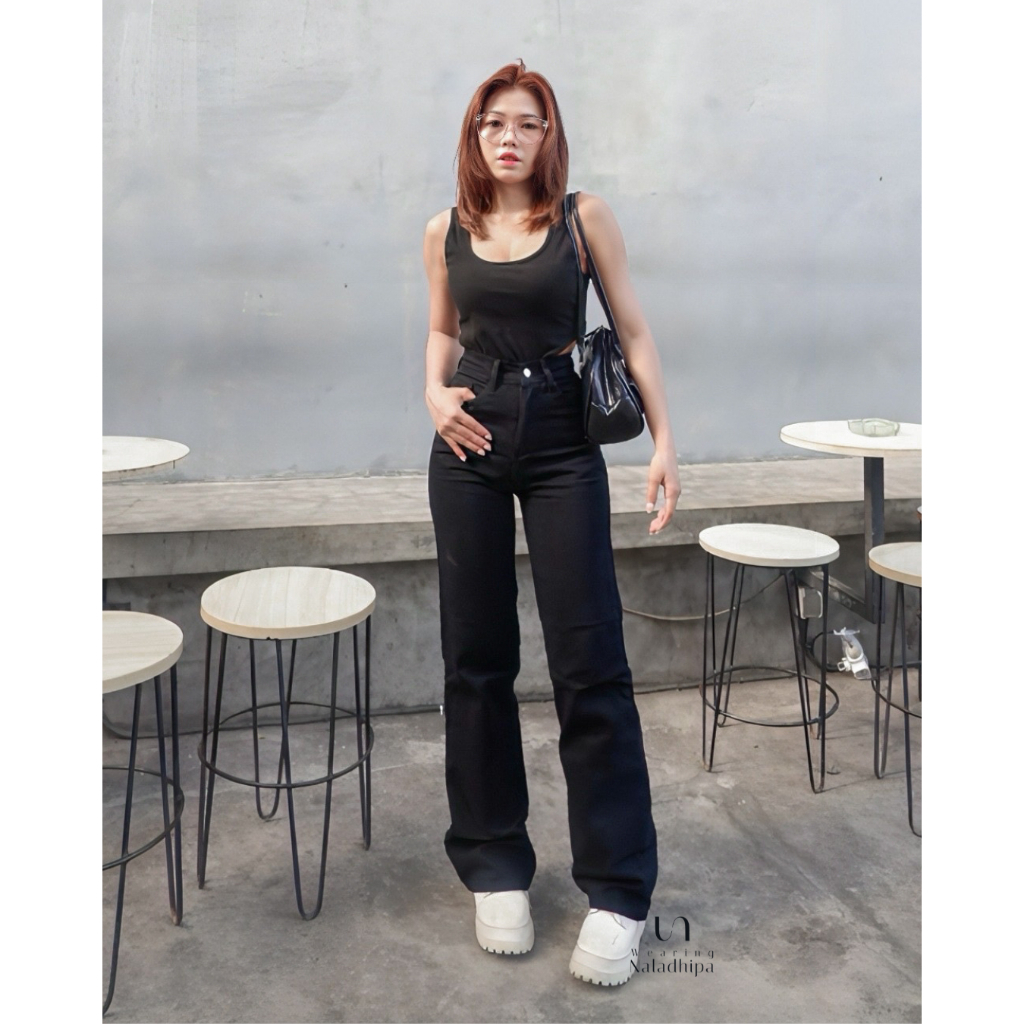 Nara Pants Hitam - Celana Kulot Jeans Highwaist Wanita Loose Basic Jeans