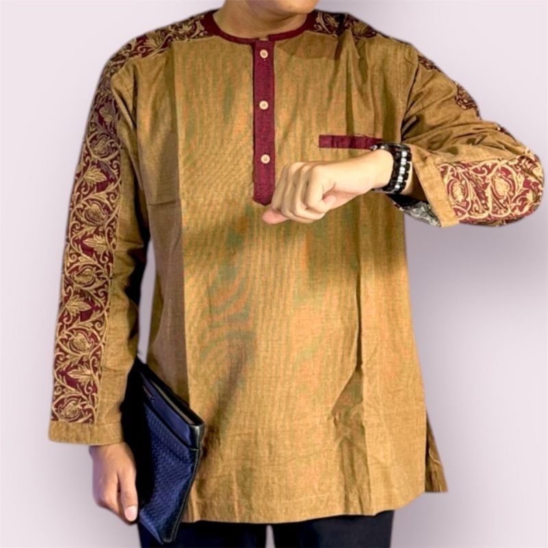 Baju Koko Lengan Panjang Bordir Tulang Kemeja Koko Muslim Bordir Warna Coklat