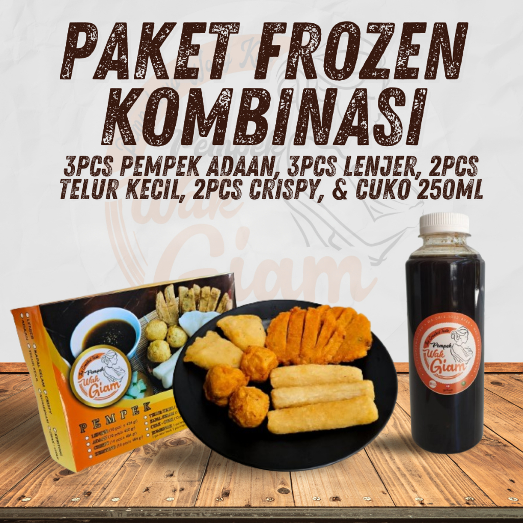 

PWG Paket Frozen Kombinasi [3pcs Pempek Adaan, 3pcs Lenjer, 2pcs Crispy, 2pcs Telur Kecil, & Cuko 250ml] - Pempek Wak Giam Palembang 100% Ikan Tenggiri Asli