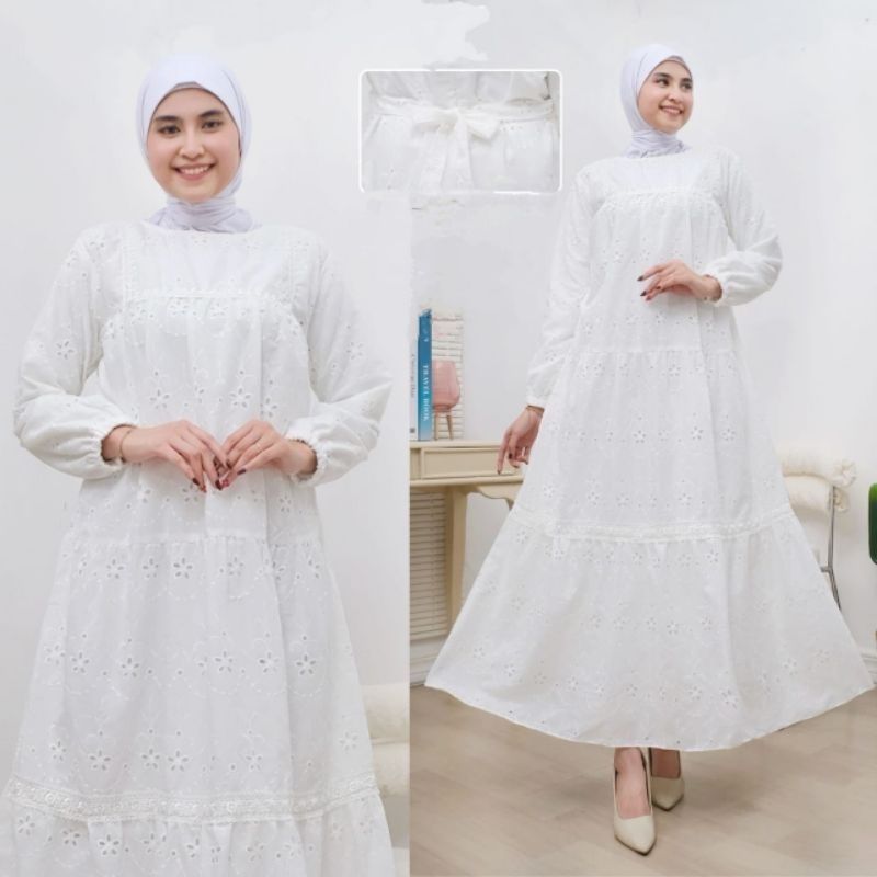 GAMIS ABAYA PUTIH ELEGAN KATUN BORDIR