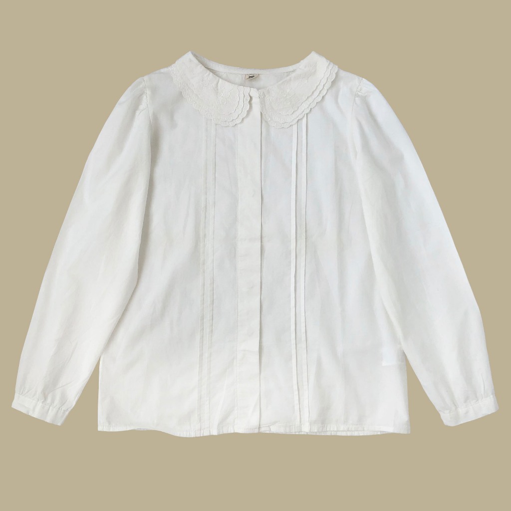 BLUS KEMEJA KATUN IVORY PUTIH GADING CROP LENGAN PANJANG KERAH RENDA KOREA IMPORT