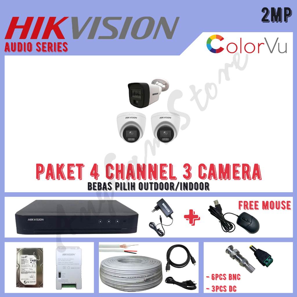 Paket CCTV Hikvision ColorVu 2MP 4 Channel 3 Kamera ColorVu Turbo HD 1080P Audio Series