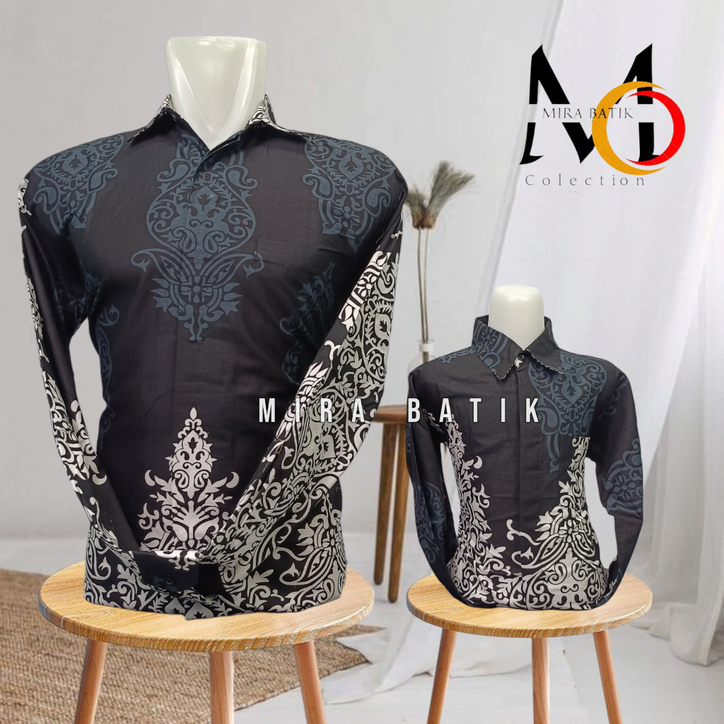 batik couple ayah anak bahan katun premium hitam  motif etnik dayak limited edition mira batik