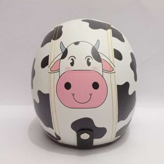 Helm Bogo Retro Plentong Sapi Moo kaca cembung, Helm Bogo Retro Motif Sapi, Helm Bogo Moo