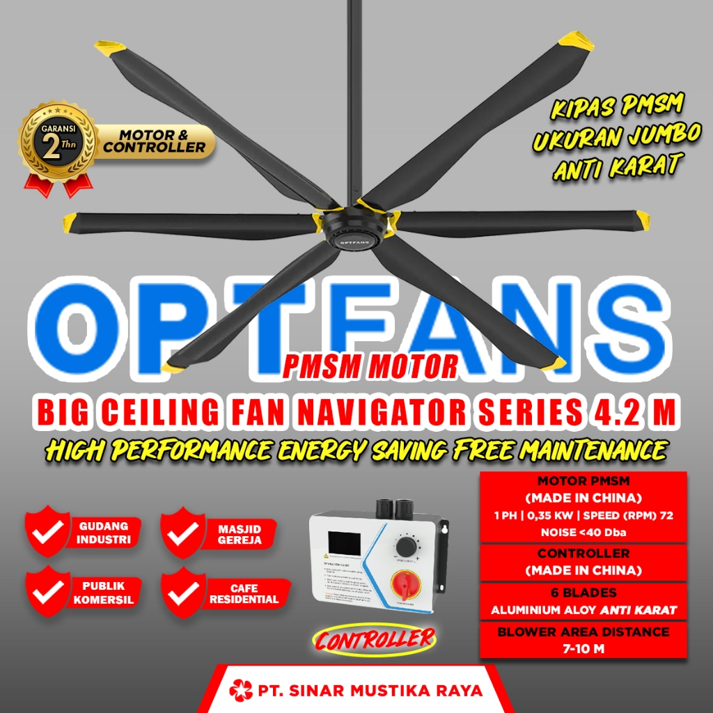OPTFANS Navigator PMSM Motor Kipas HVLS High Volume Low Speed Big Ceiling Fan Gudang Industri Mall
