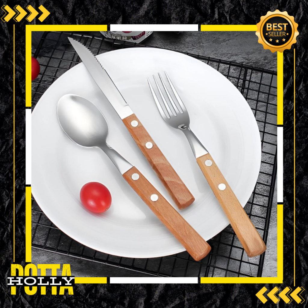 POTTAHOLLY Set Sendok Pisau Garpu Steak / Sendok Pisau Garpu Gagang Kayu / Cutlery Set / Sendok Garp