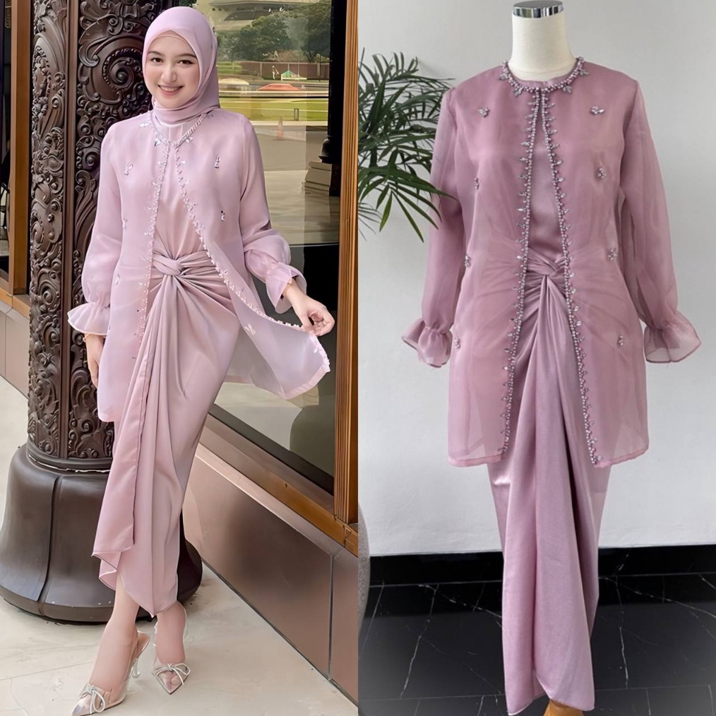 KODE D74C ORI  Termurah One set Jemma Organza Bahan Maxmara Kombinasi Outer Terbaru Setelan Rok Lili