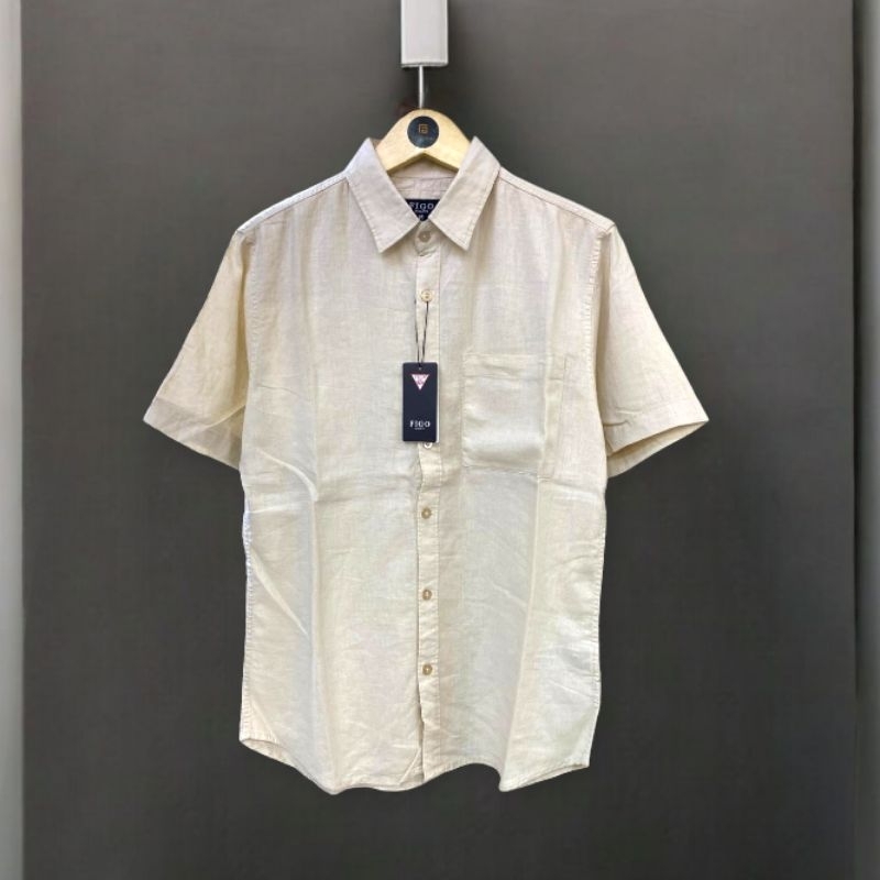 FIGO CREW Kemeja Pria Pure Linen Kantong Satu Lengan Pendek Pola Slimfit