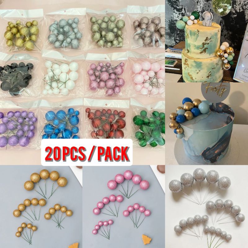 20 PCS Topper Bola Glitter 20 Pcs Balon Warna Warni Gliter Cake Topper Glitter Ball Topper Hiasan Ku
