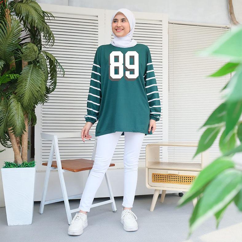 Atasan Kaos Wanita Lengan Panjang Karet Salur Bahan Babyterry Angka 89/ Atasan Cewek