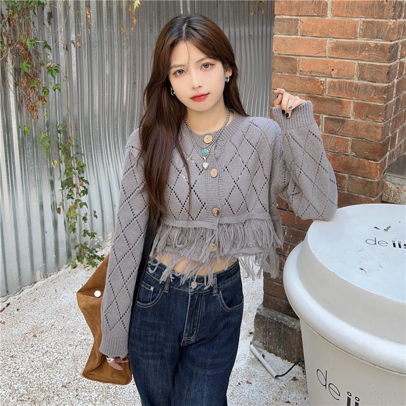 Cardigan Rajut Korea Korea Cardigan Knit Crop Cardigan Wanita Lengan Panjang