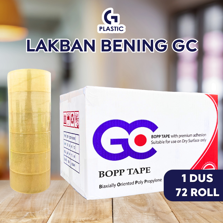 

Lakban Bening GC Plastik 45mm x 90 yard & 45mm x 100 yard 1 Dus isi 72 Roll - Perekat Super Kuat, Tebal dan Tidak Mudah Putus