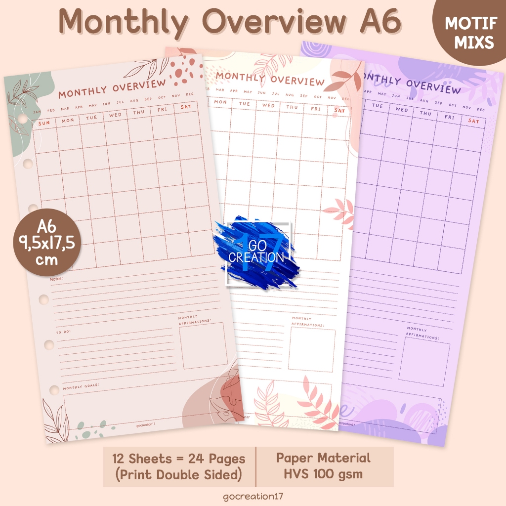 

Buku Planner Refill Kertas Binder Monthly Overview Motif Premium A6