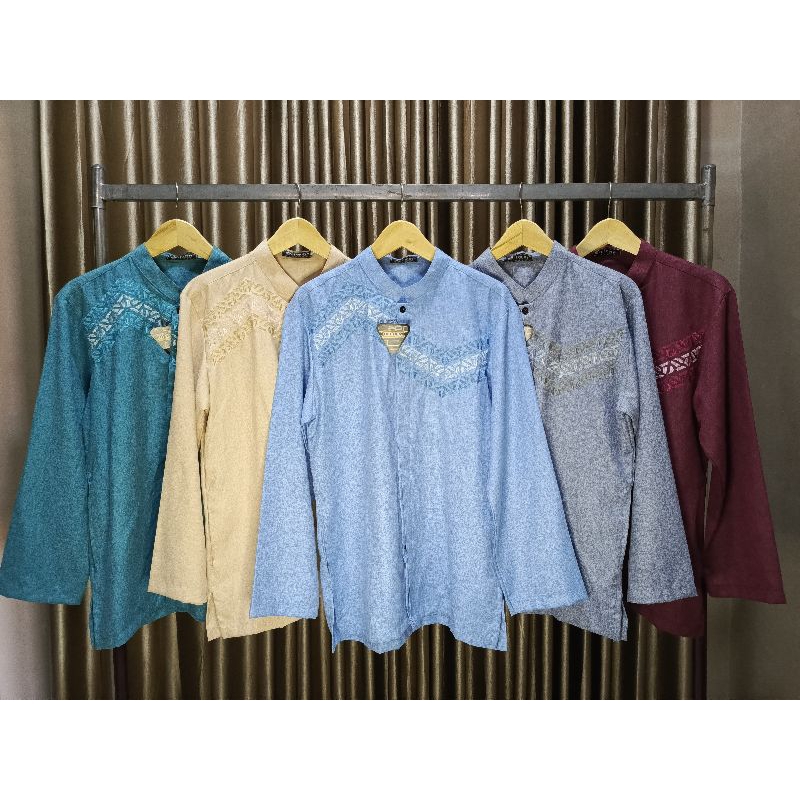 Koko Pria Bordir Motif Serka Bahan Katun Madinah Premium Koko Muslim Modern Lengan Panjang Saku Samp