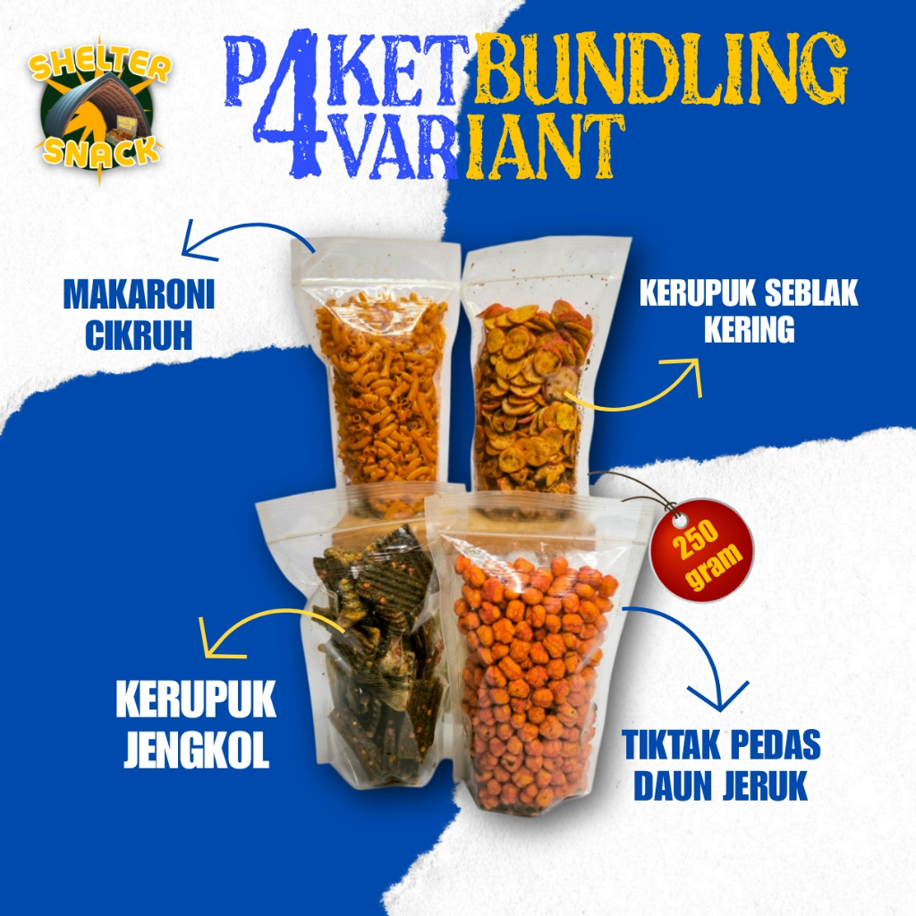 

CEMILAN HEMAT PAKET BUNDLING 1KG ( 4 ITEM ) - MAKARONI CIKRUH - KERUPUK JENGKOL - SEBLAK KERING - TIKTAK PEDAS DAUN JERUK