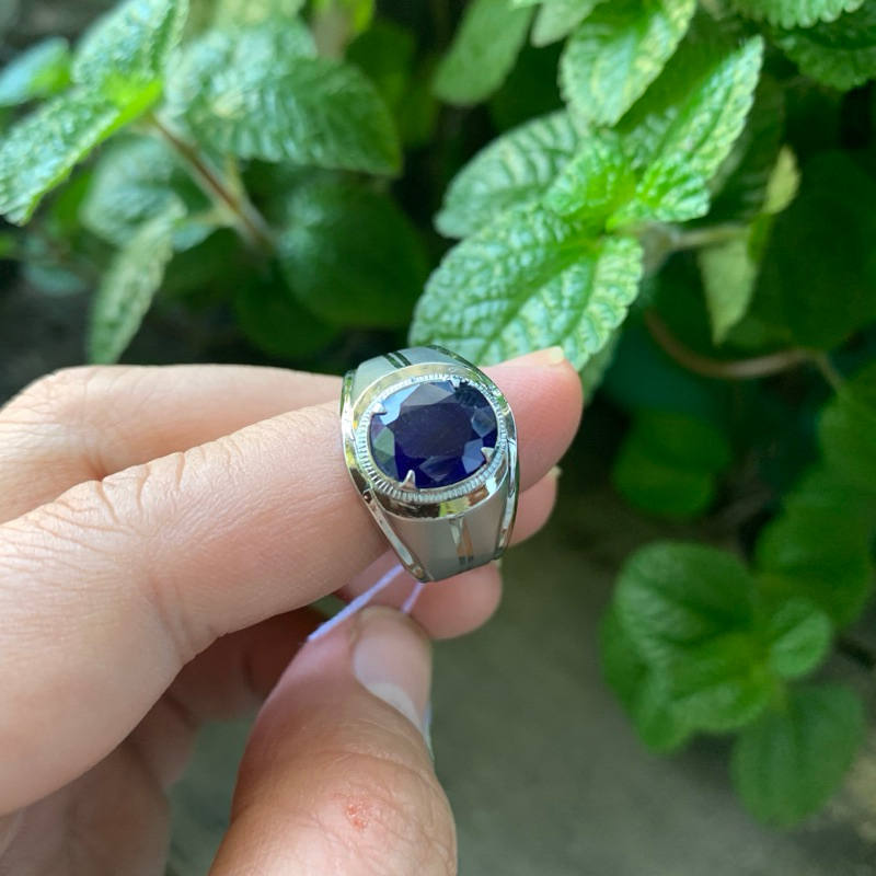 Cincin Batu Natural Safir Royal Blue Cutting Memo Ring Monel Doff Handmade