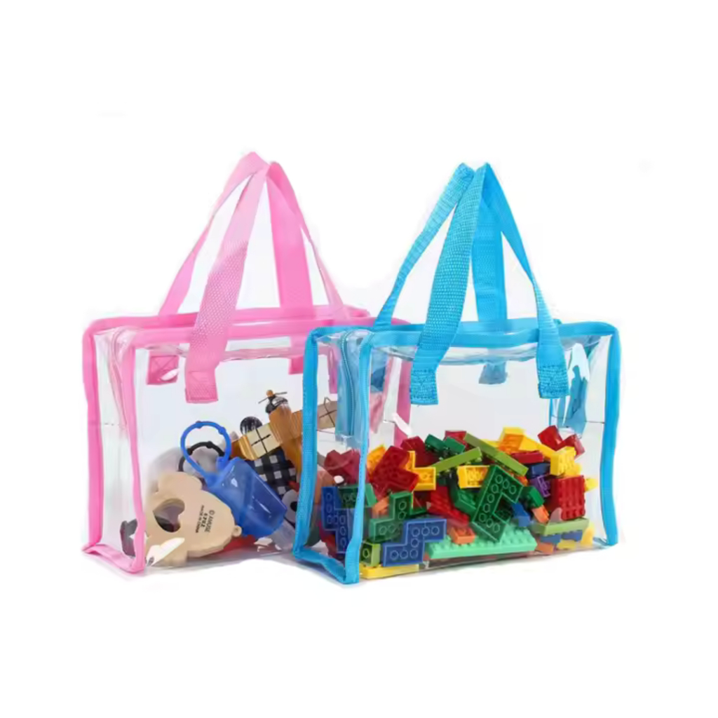 PVC TOY BAG TRANSPARANT Tas Tempat Penyimpanan Mainan Anak Biru dan Pink Serbaguna Tas Travel Mika d