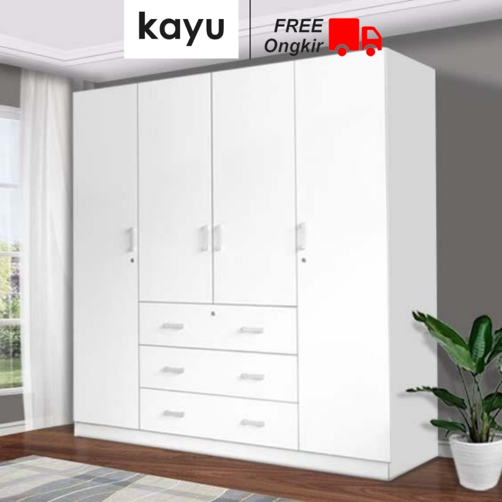 KAYU Idaho - Lemari Pakaian Jumbo 4 Pintu Putih Modern Minimalis