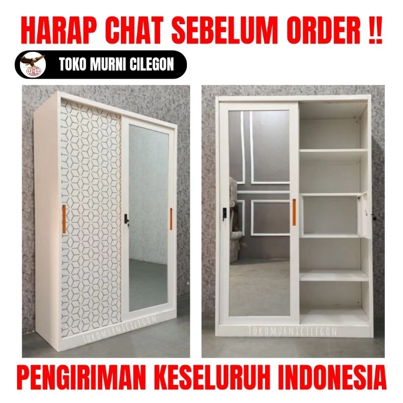 Lemari pakaian Besi 2 Pintu Sliding 120 cm + Packing Kayu