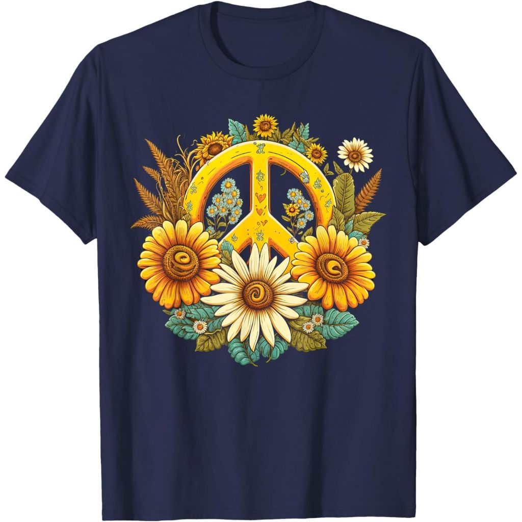 Kaos Anak Hippie Daisy Peace Sign Retro Flower Sunflower Lovers T-Shirt Pakaian Fashion Baju Atasan 