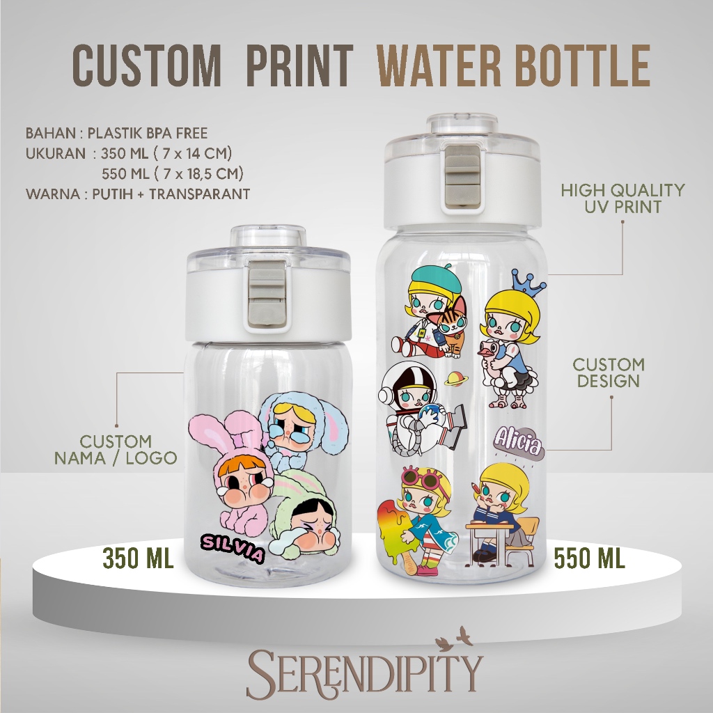 Custom UV Print Clear Water Bottle | hadiah souvenir botol air minum anak karakter