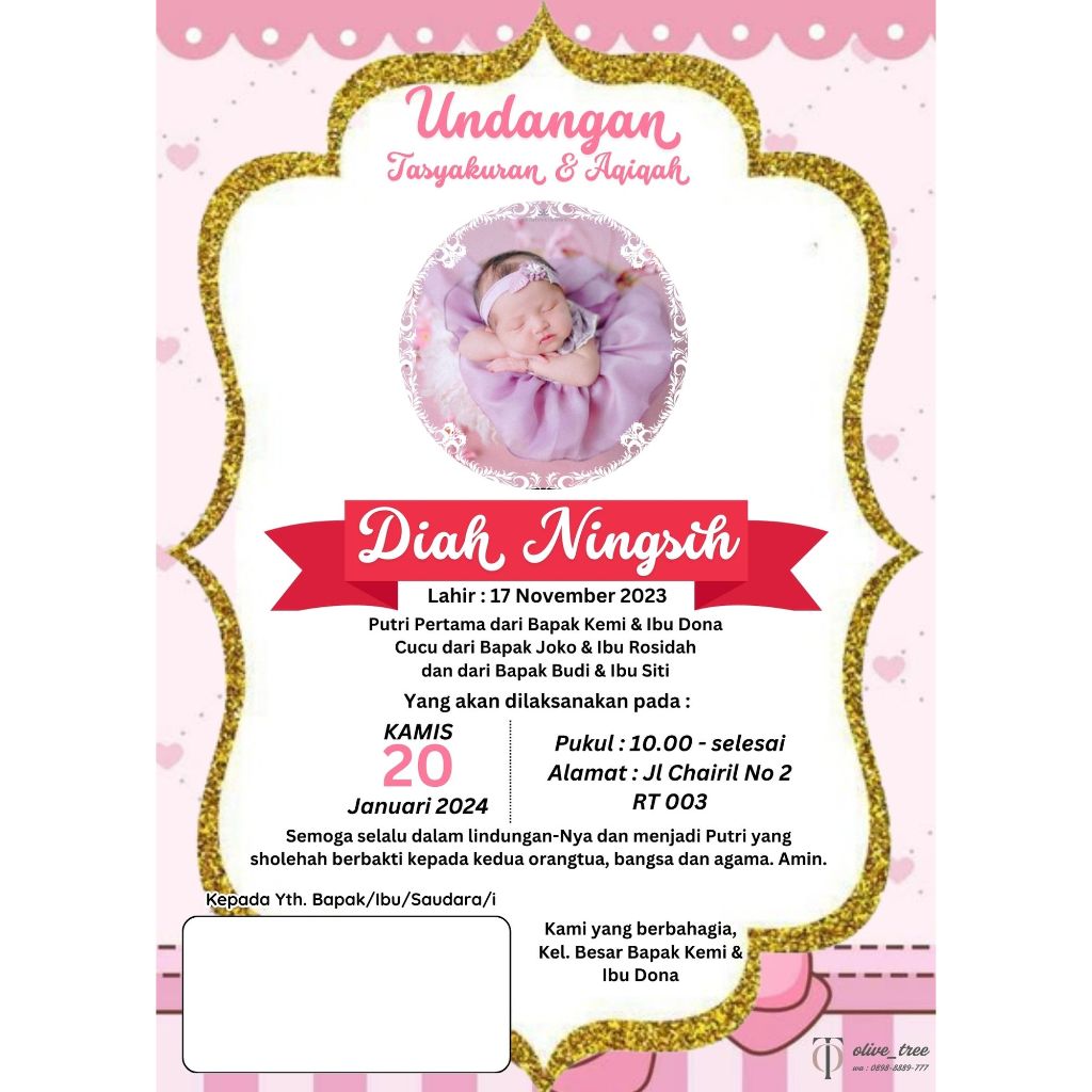 Undangan Kartu Aqiqah Tasyakuran Custom Lahiran Bulanan Anak Bayi Syukuran Ucapkan Terima Kasih Khit