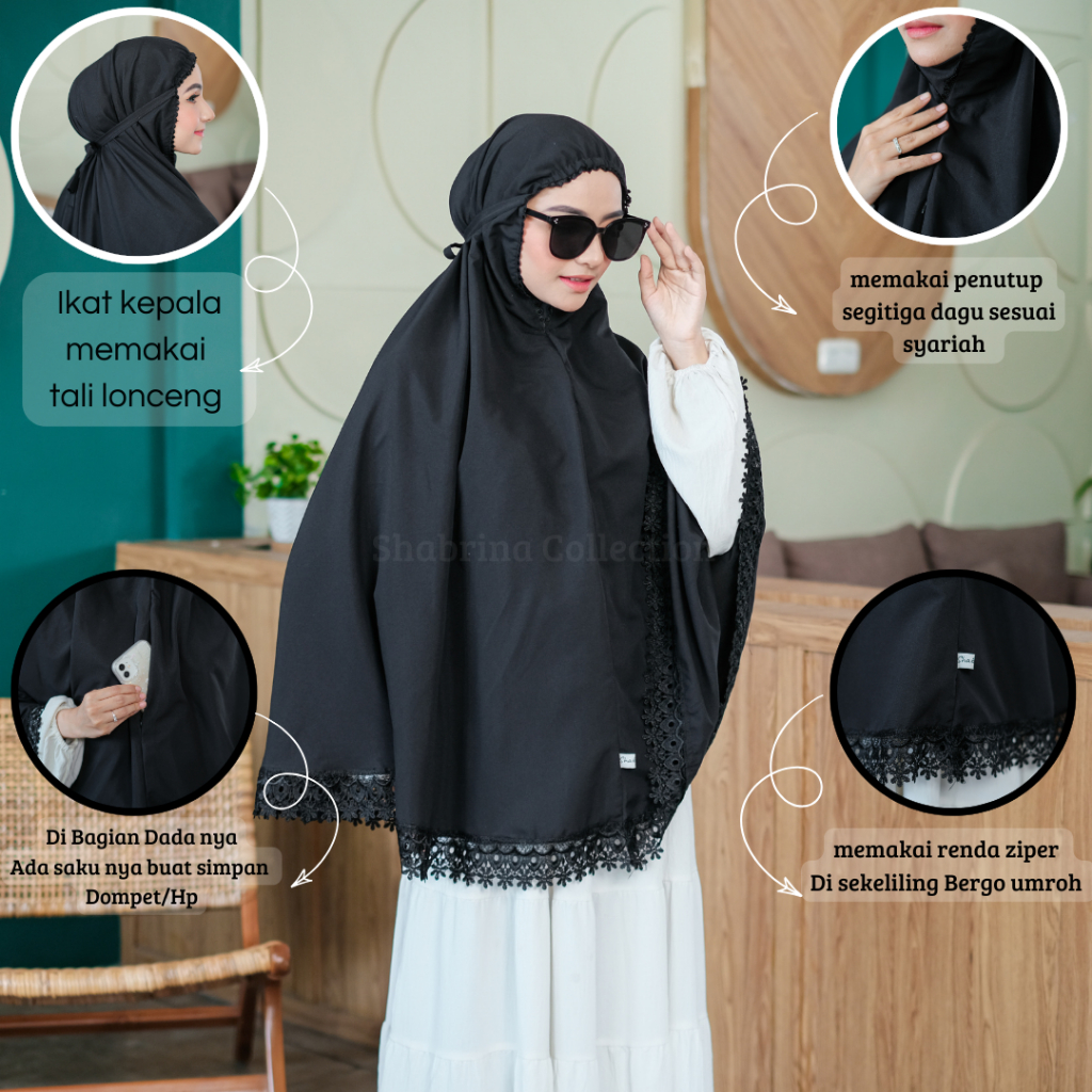 SHABRINA - Bergo Dewasa Umroh Haji Bersaku Bahan Katun Premium Warna Hitam dan putih All size