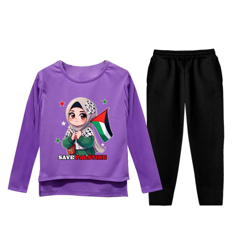 setelan baju muslim anak cewek lengan panjang motif palestina/usia 4-13 tahun