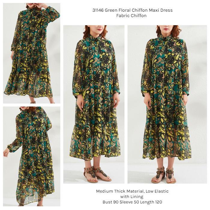 Dress Hijau Panjang Sifon Green Floral Chiffon Long Dress 31146