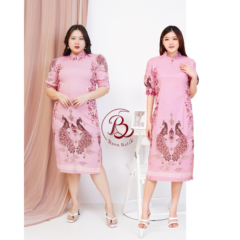 COUPLE DRESS BATIK CHEONGSAM JUMBO MERAH EDISI IMLEK BAHAN KATUN STRETCH, Jenny Dress#