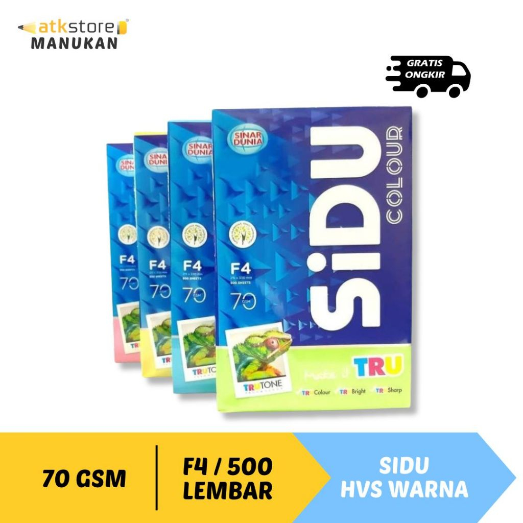 

SIDU KERTAS HVS UKURAN F4 WARNA | 70 GSM | 1 RIM / 500 LEMBAR | KERTAS HVS / FOTOCOPY