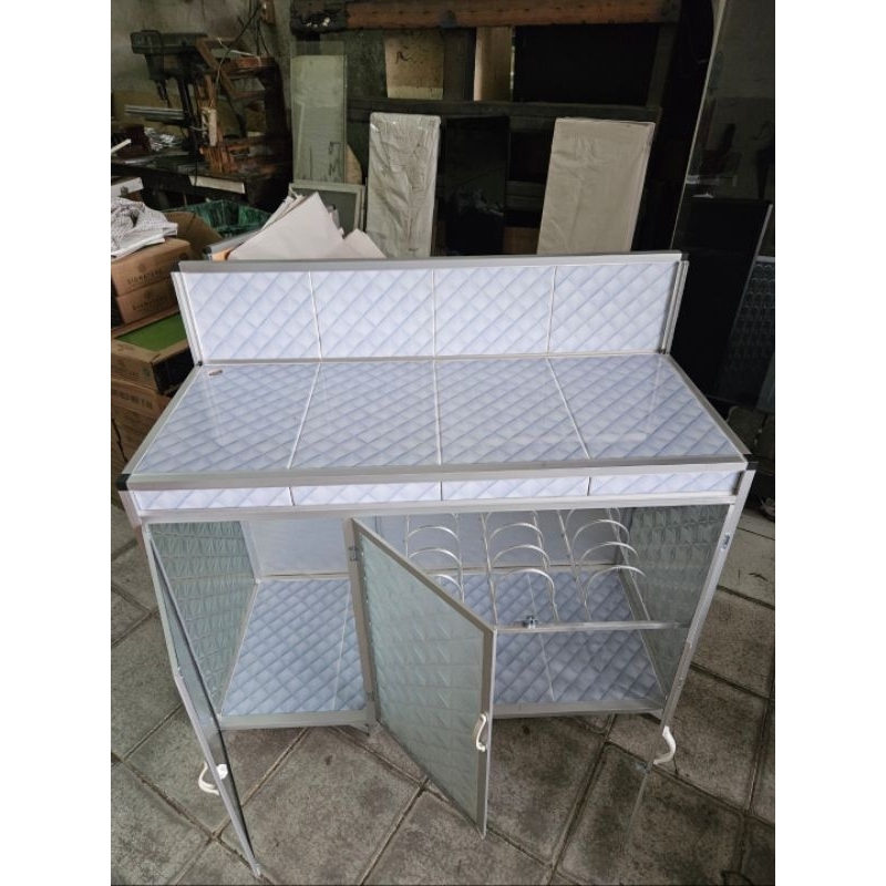 rak meja kompor keramik aluminium kaca 3 pintu