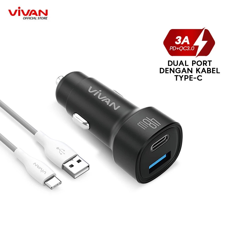 Vivan VCC07 Car Charger Mobil Dual Port Type-C & USB-A Output 3A 20W QC 3.0 PD Fast Charging Tipe C 