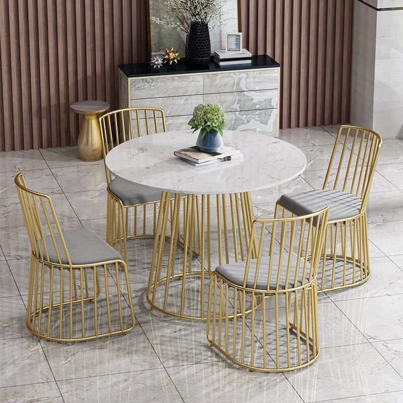 Set Meja Makan Marmer Bulat 4 Kursi Kaki Stainless