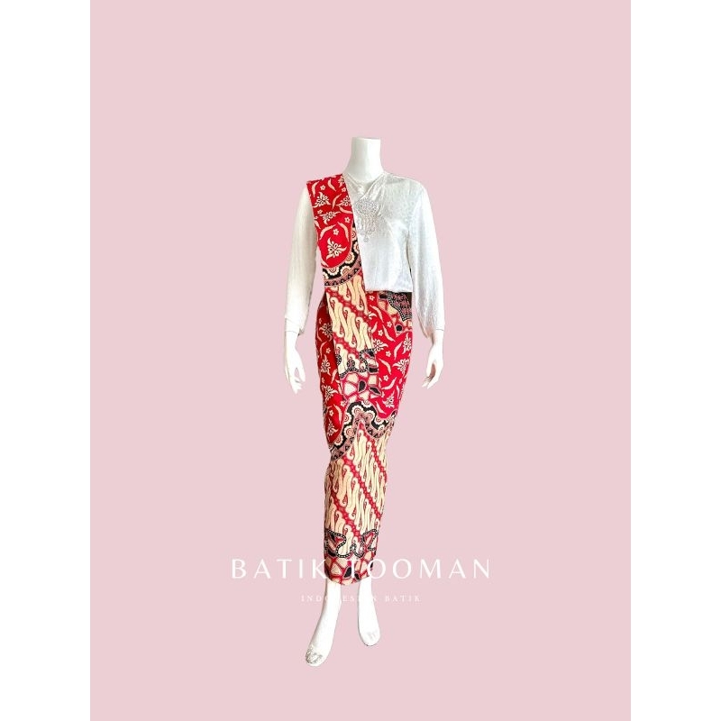 PRADIPTA RED Rok Batik Warna Merah Cabe Model Span Instan Resleting Bahan Katun Halus Berselendang